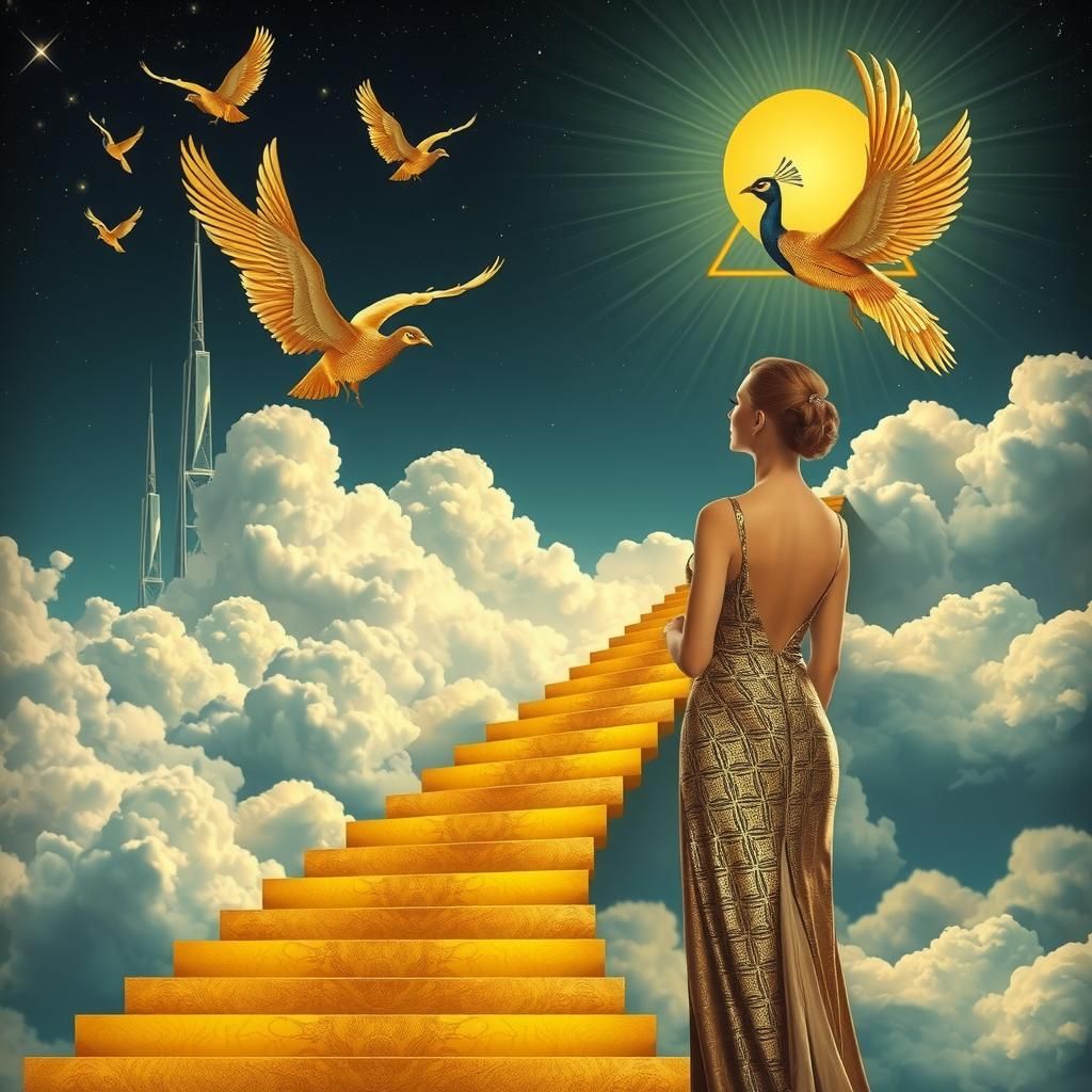 Golden Staircases Lead to Celestial Skies in Art Deco Style