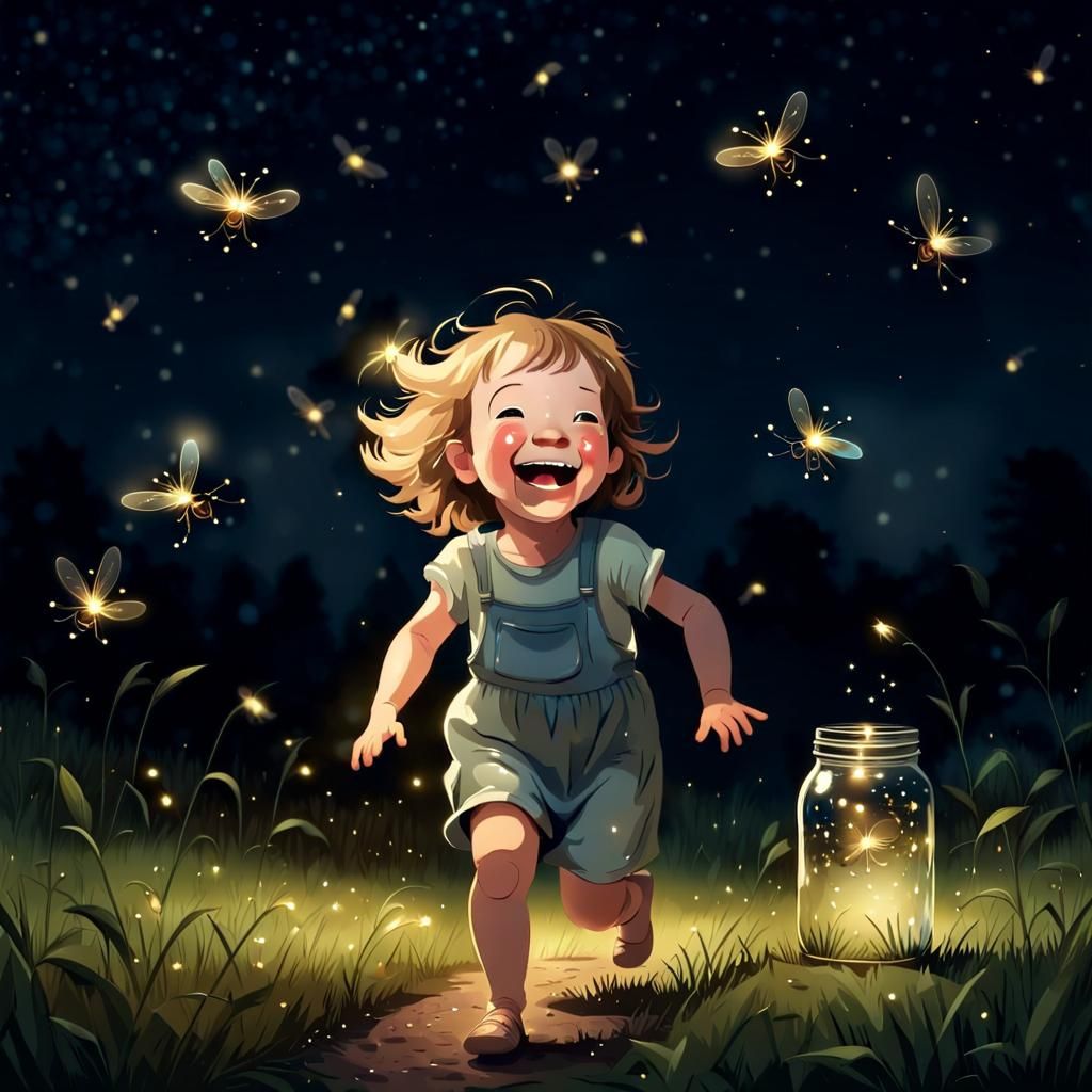 Whimsical Summer Night Joy Captured in Realistic Art