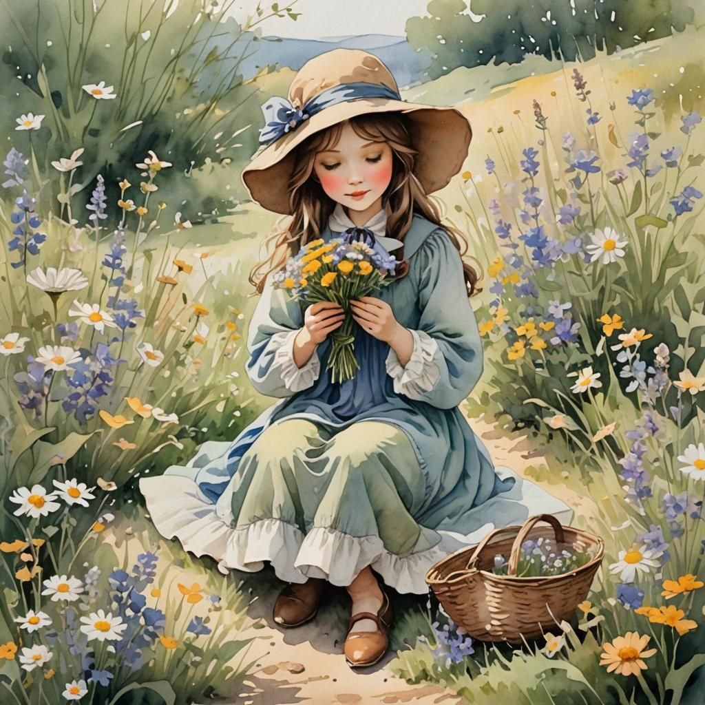 Enchanting Girl in Wide-Brimmed Bonnet, Watercolor Style