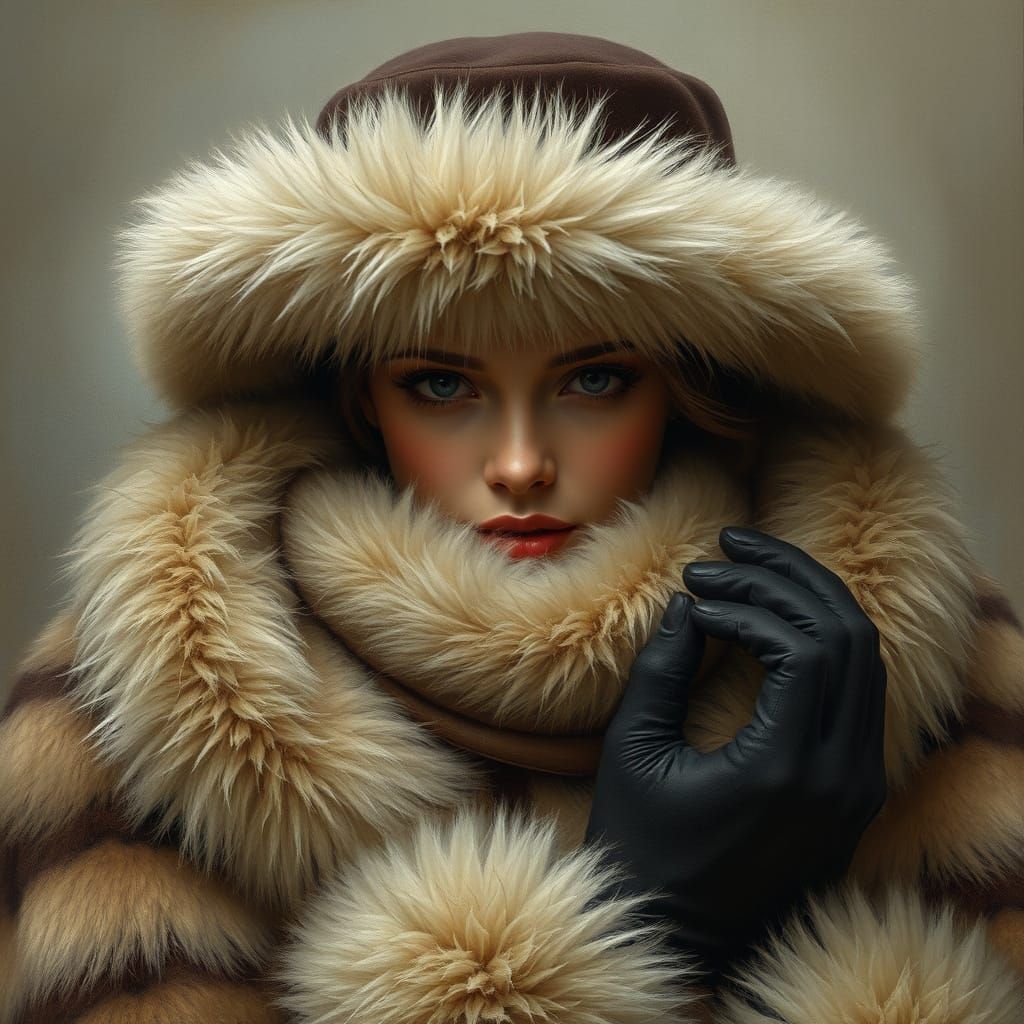 Luxurious Lady in Opulent Furs, Adorned with Delicate Touche...