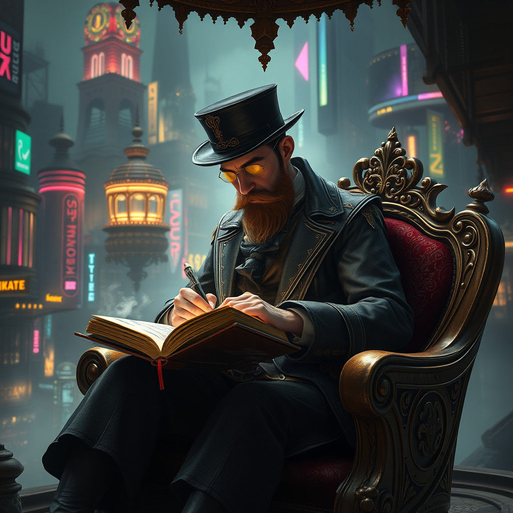 Ethereal Futurist Author in Steampunk Chic, Writing in a Mag...