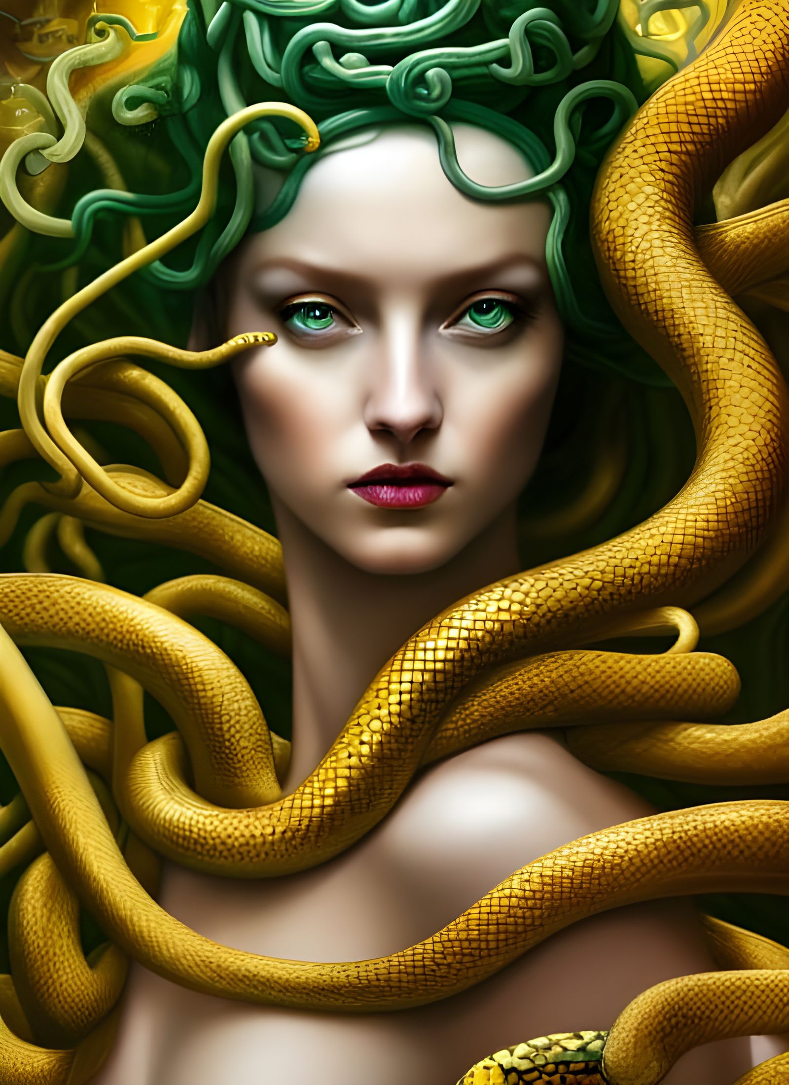 Goddess in Luminous Green and Gold Regalia, Surrounded by Sn...