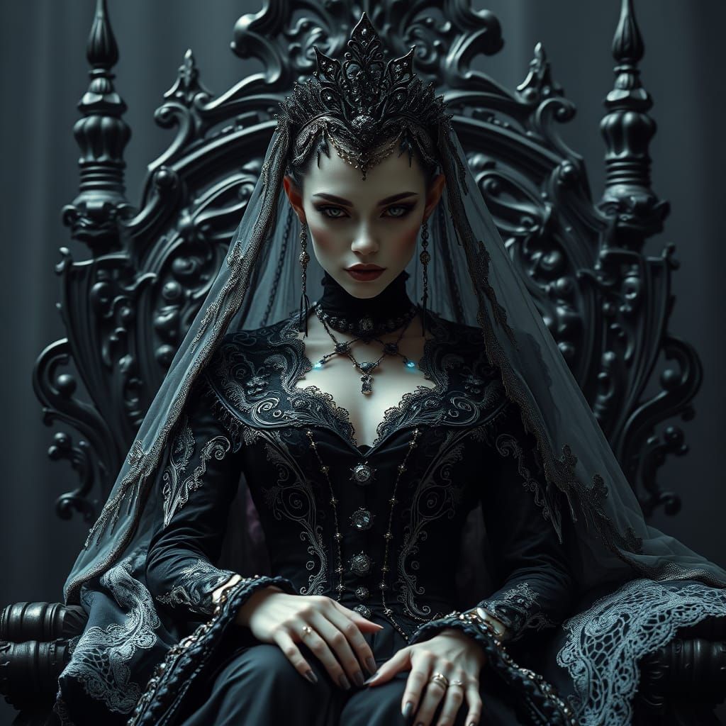 Gothic Cyborg Vampire Queen in Victorian-Inspired Black Atti...