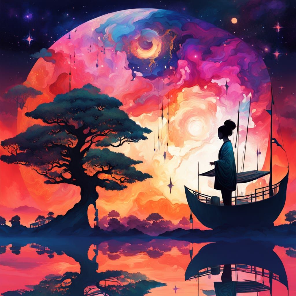 Geisha Silhouette in Surrealist World, Abstract Expressionis...