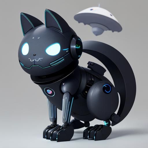 Surreal Android Cat Stands on Hind Legs Under Crescent Moonl...
