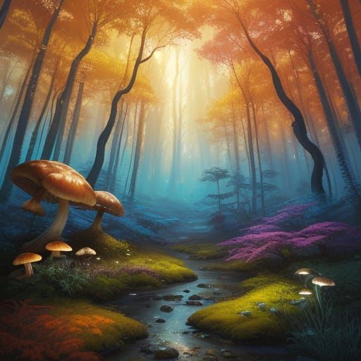 Mystical Forest Scene in Vibrant Oil Painting Style