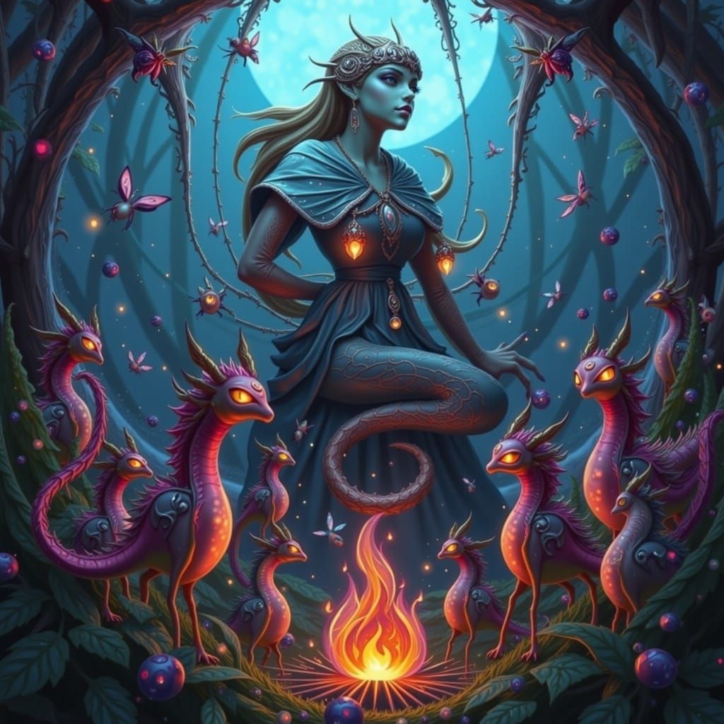 Mythical Creatures Gather in a Surreal, Dreamlike Landscape