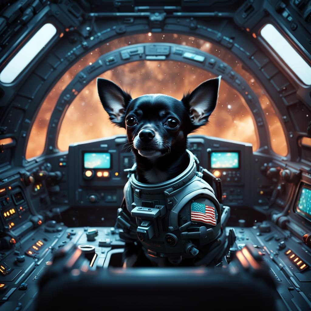 Cosmic Chihuahua Pilot in Futuristic Cockpit