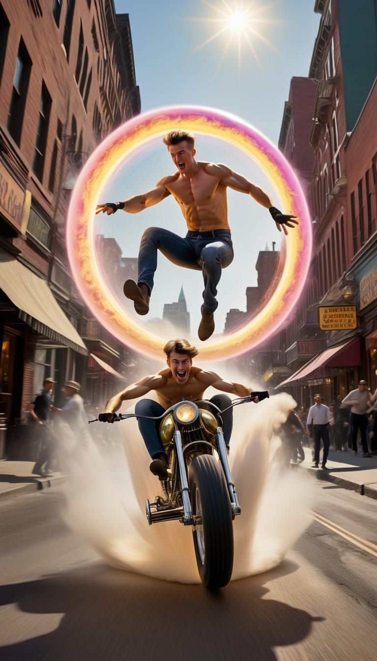 Surreal STUNTMAN Jumping EXCITING EXPLOSIVE Action, Maximalist Iridescent MONO Wheel, 1900s Photography, City, Georgia O...