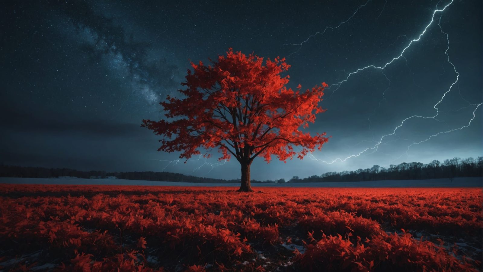 Burning Red Maple in Winter Night Landscape