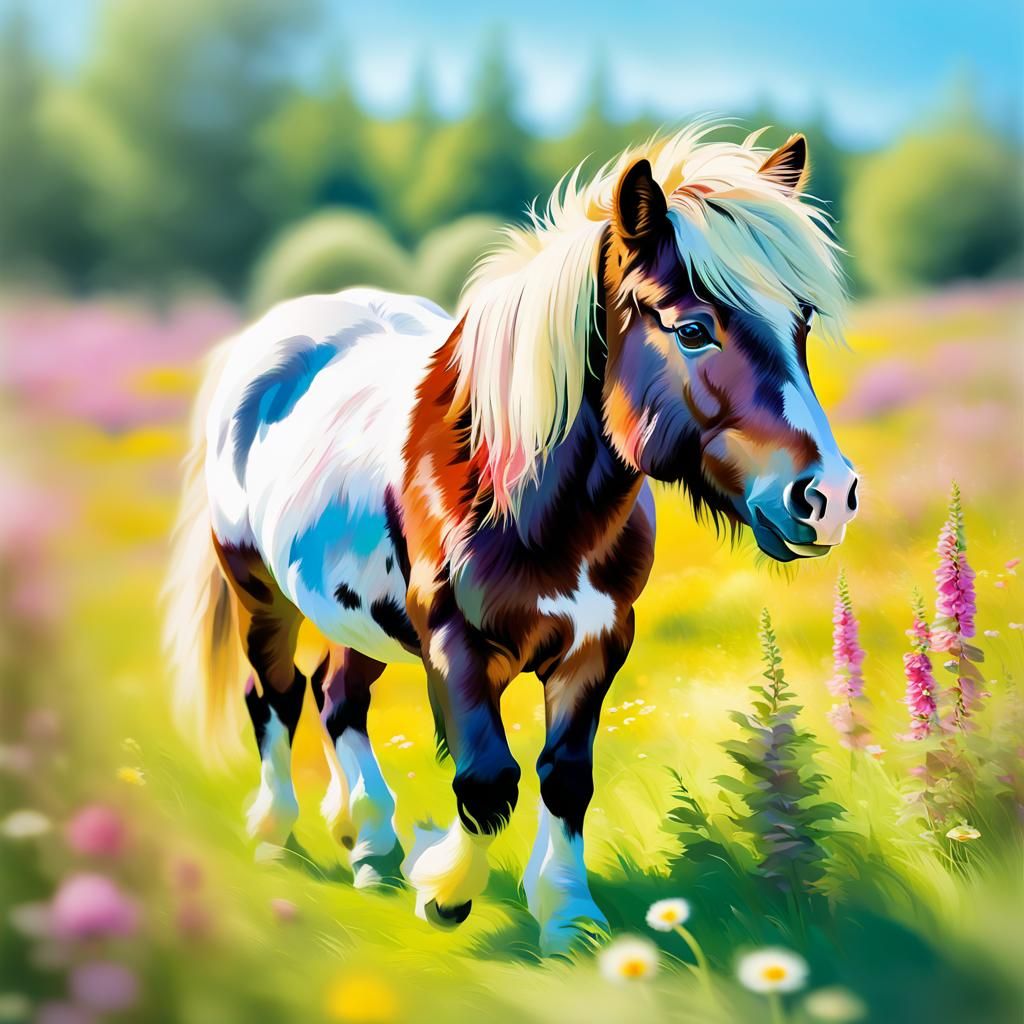 Impressionist Shetland Pony in Vibrant Meadow