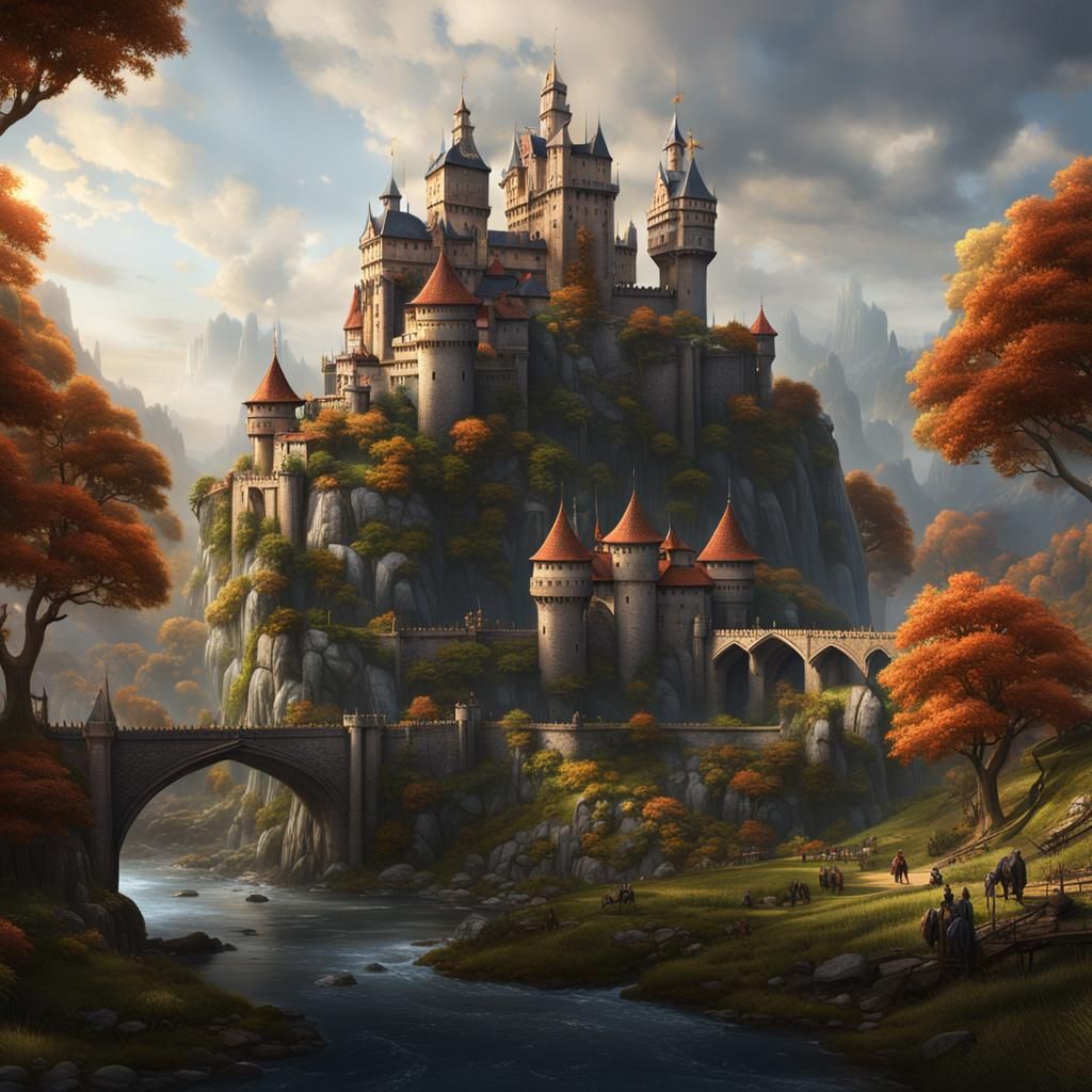 Medieval Fantasy Castle with Rope Bridges and Cityscape