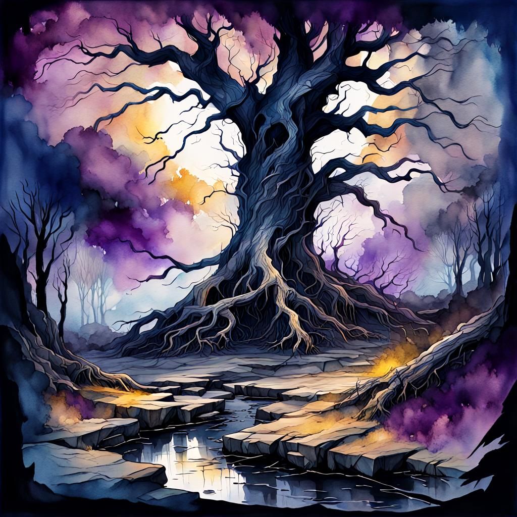 Storm-Ravaged Fantasy Landscape in Haunting Watercolor Style