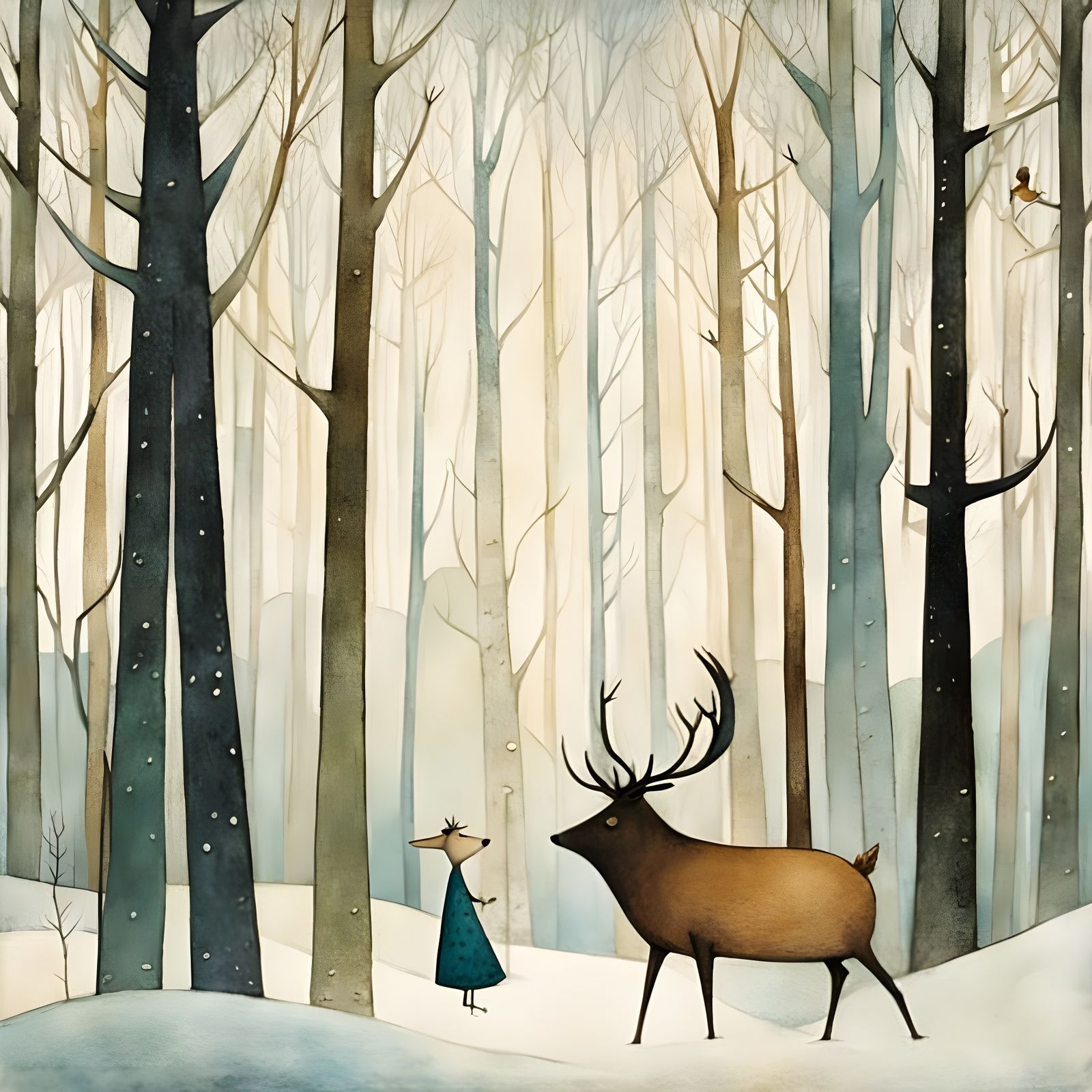 Whimsical Frozen Forest with Surreal Animals in Grainy Water...