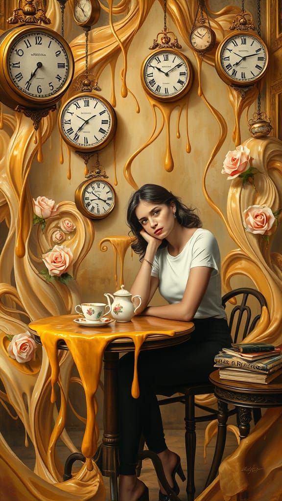 Woman in Dreamlike Salon of Flowing Liquids