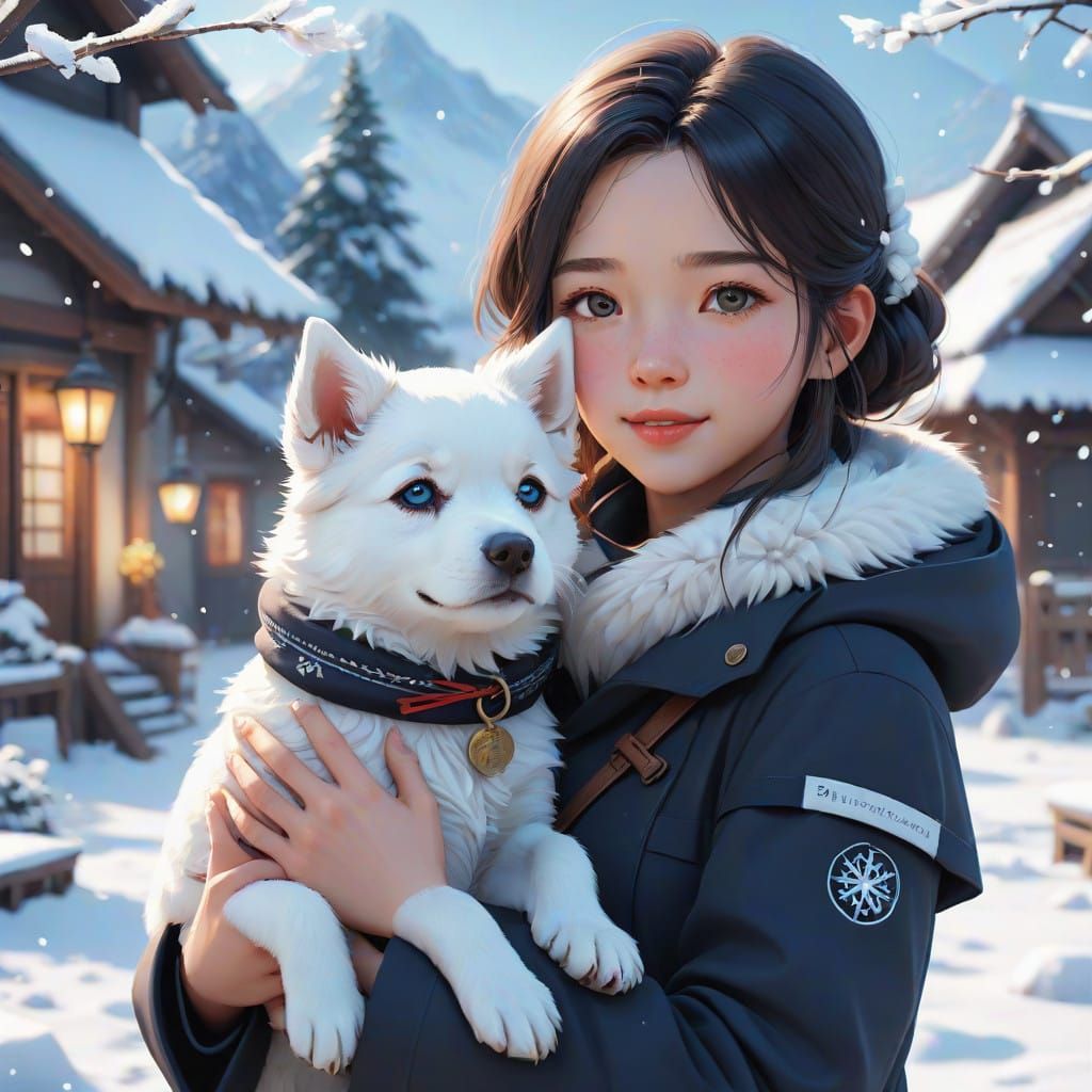 Grateful Woman in Snowy Wonderland with Adorable White Puppy