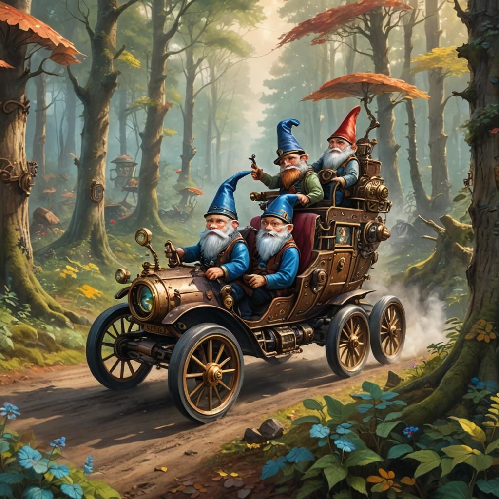 Gnomes driving steampunk car