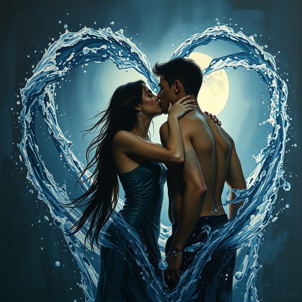 Passionate Kiss in Water, Expressive Oil Painting