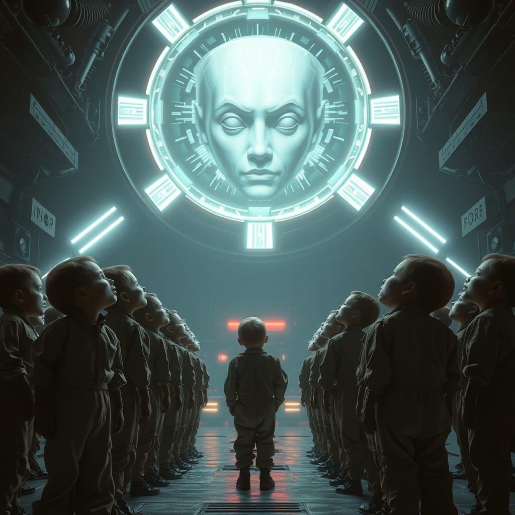 Brainwashed Children in Dystopian Holographic Church