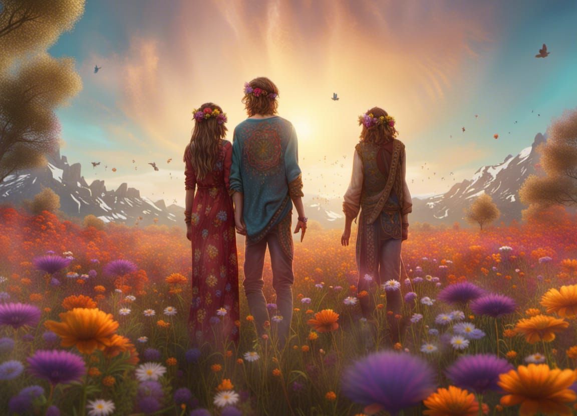 Vibrant Hippie Couple Amidst Enchanted Field Blooms in a Dre...