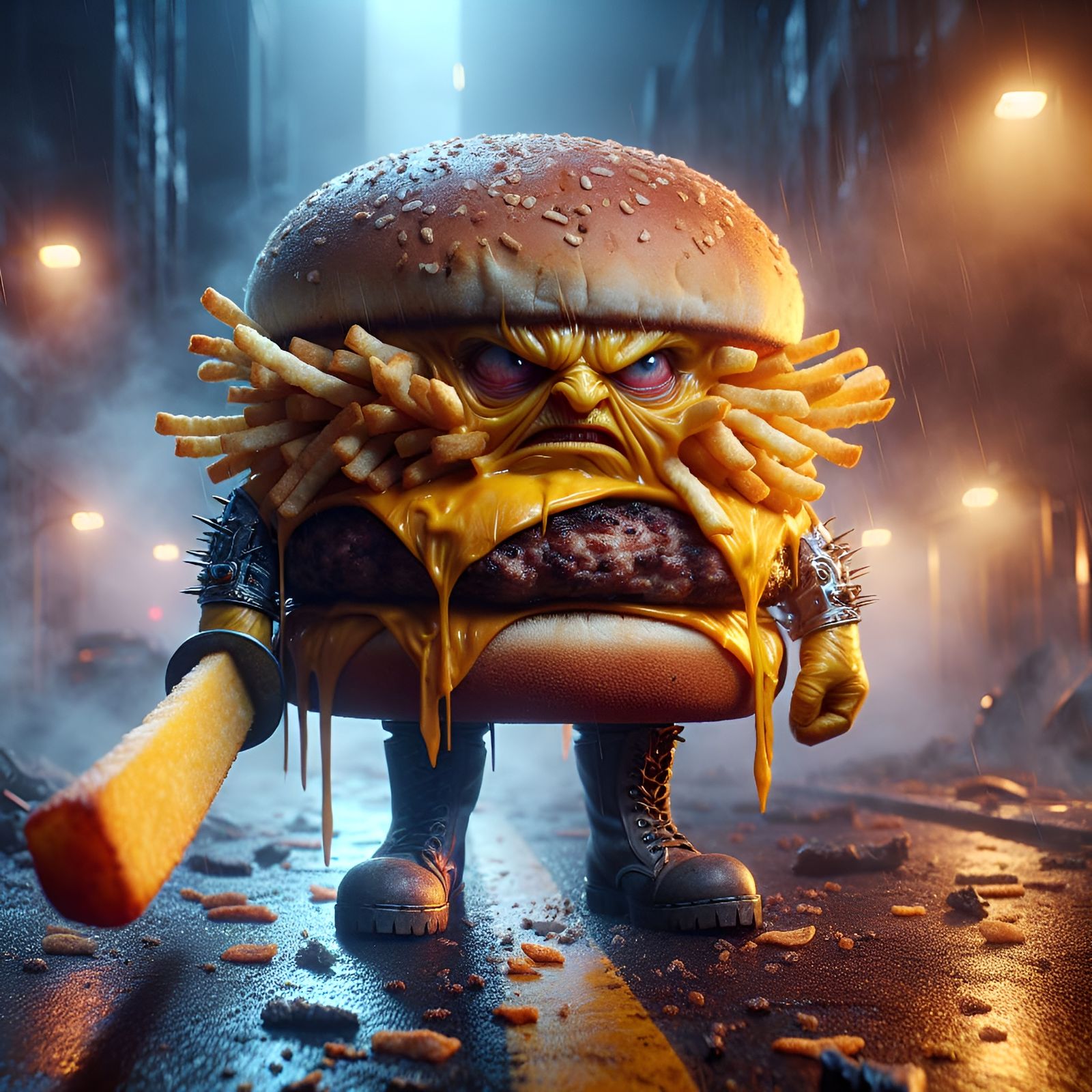 Cheeseburger Warrior in Dystopian Cityscape