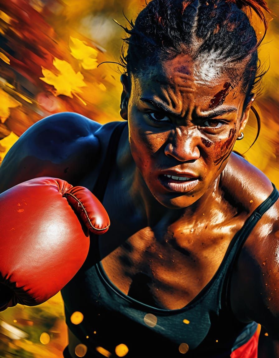 Fierce Female Boxer Training in Autumn Abstract Art
