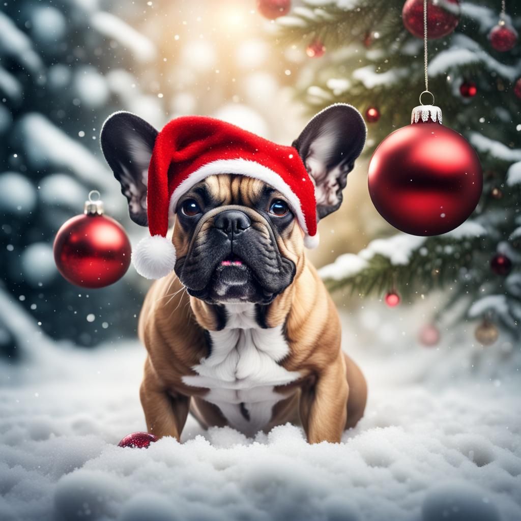 French Bulldog in Winter Wonderland with Vibrant Christmas T...