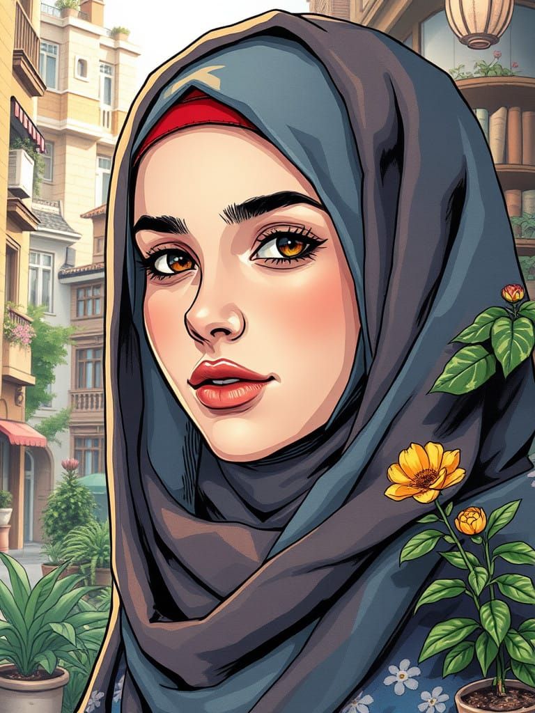 Anime Portrait of a Beautiful Hijabi Woman in a Cozy City