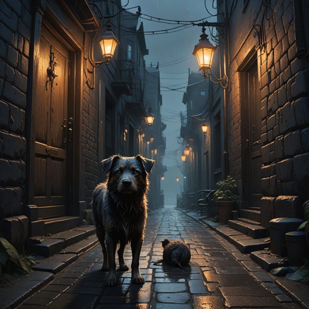 Gothic Alleyway Stray Dog in Golden Rainstorm