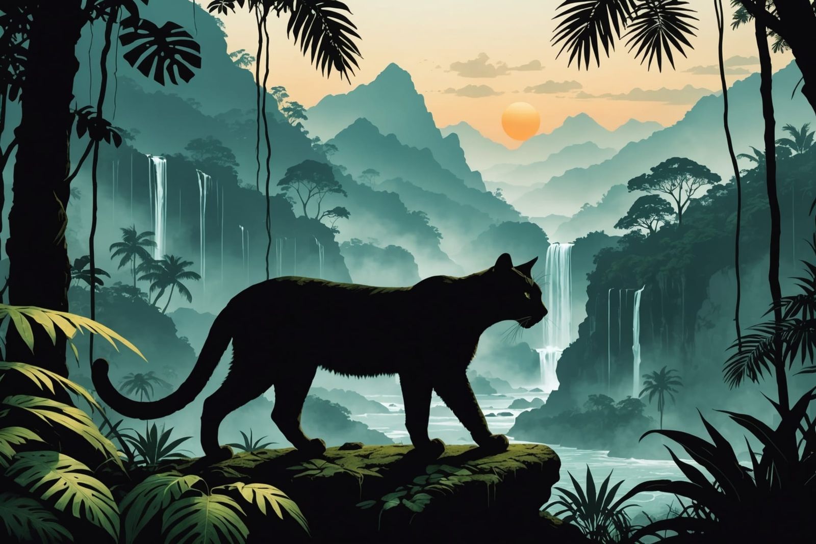 Jungle Cat Silhouette in a Tropical Landscape