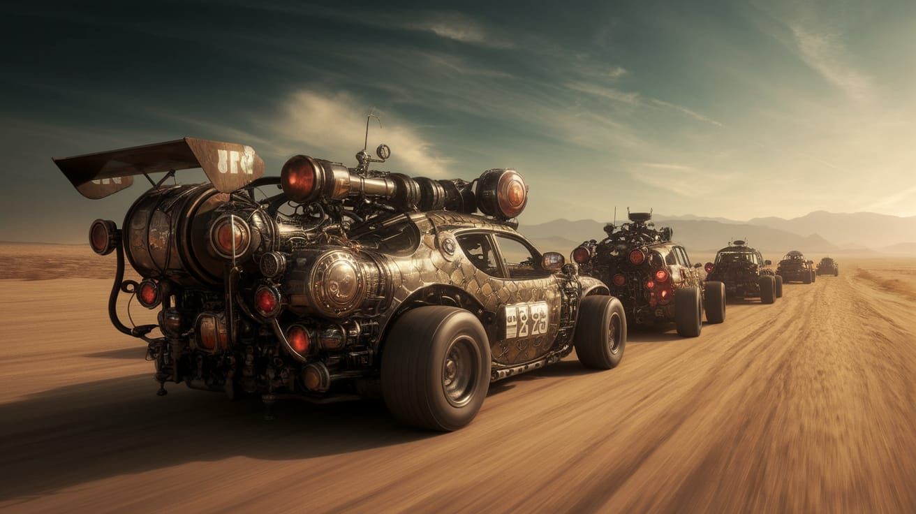 Epic Steampunk Car Chase in a Desert Sunset