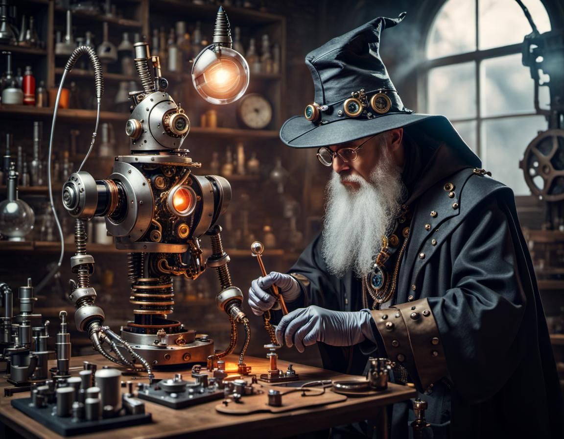Wizardly Robot Inventor in Steampunk Laboratory