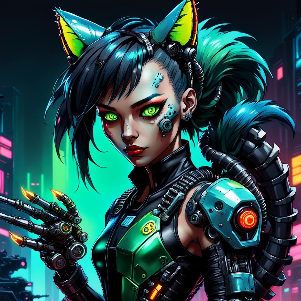 Cyberpunk Catgirl Warrior in Neon-Lit Action