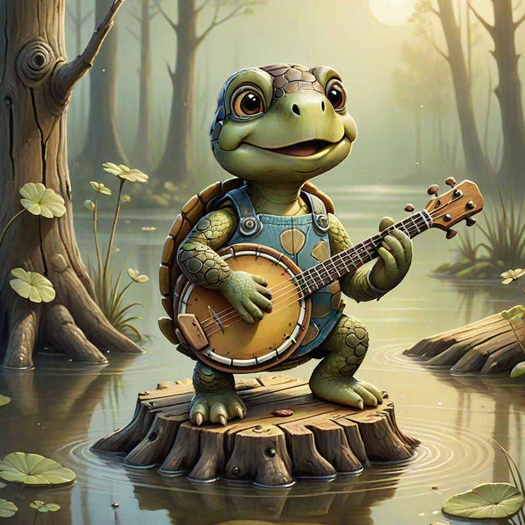 Turtle Plays Banjo in Swamp: Folk Art Illustration