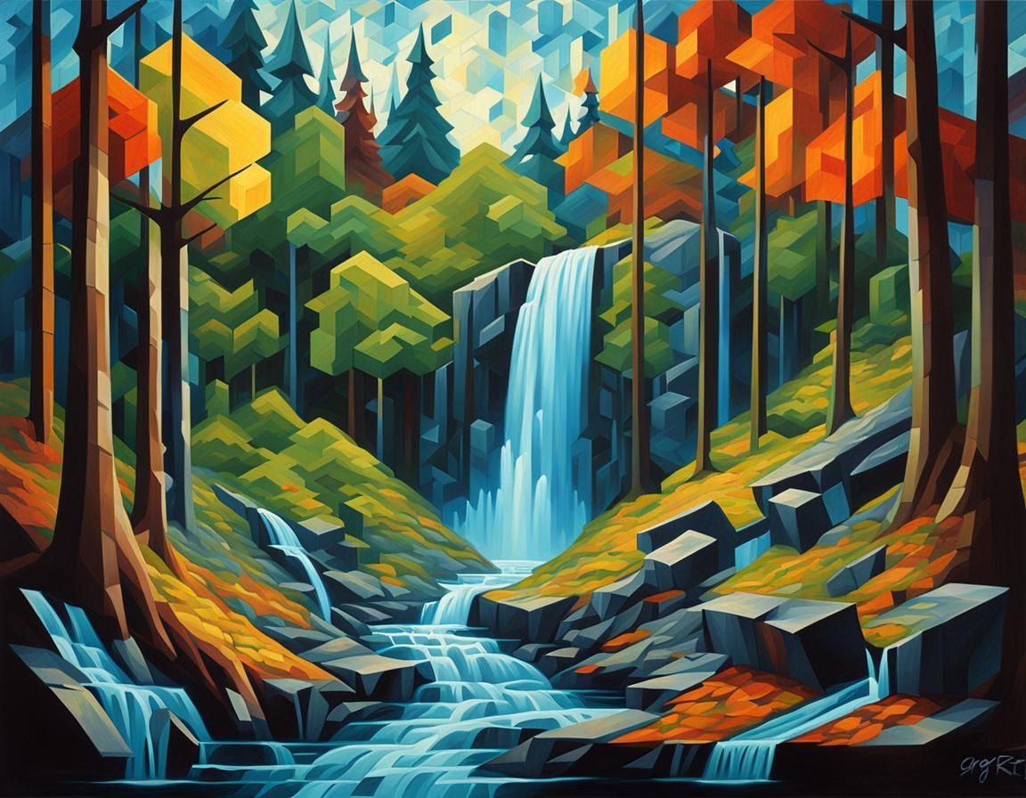Surreal Cubist Dreamscape in Forest Scene