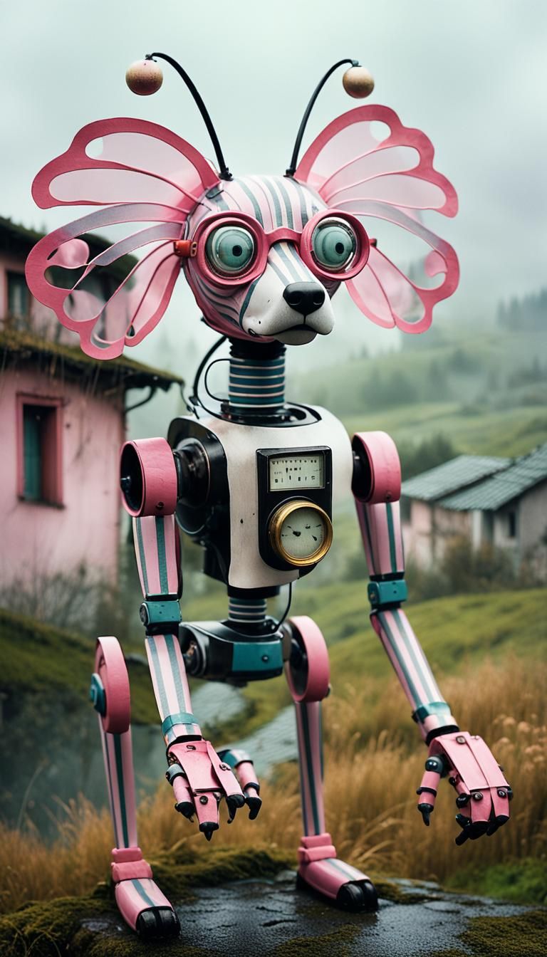 Epic Robot Dog in Rainy Rural Galician Village