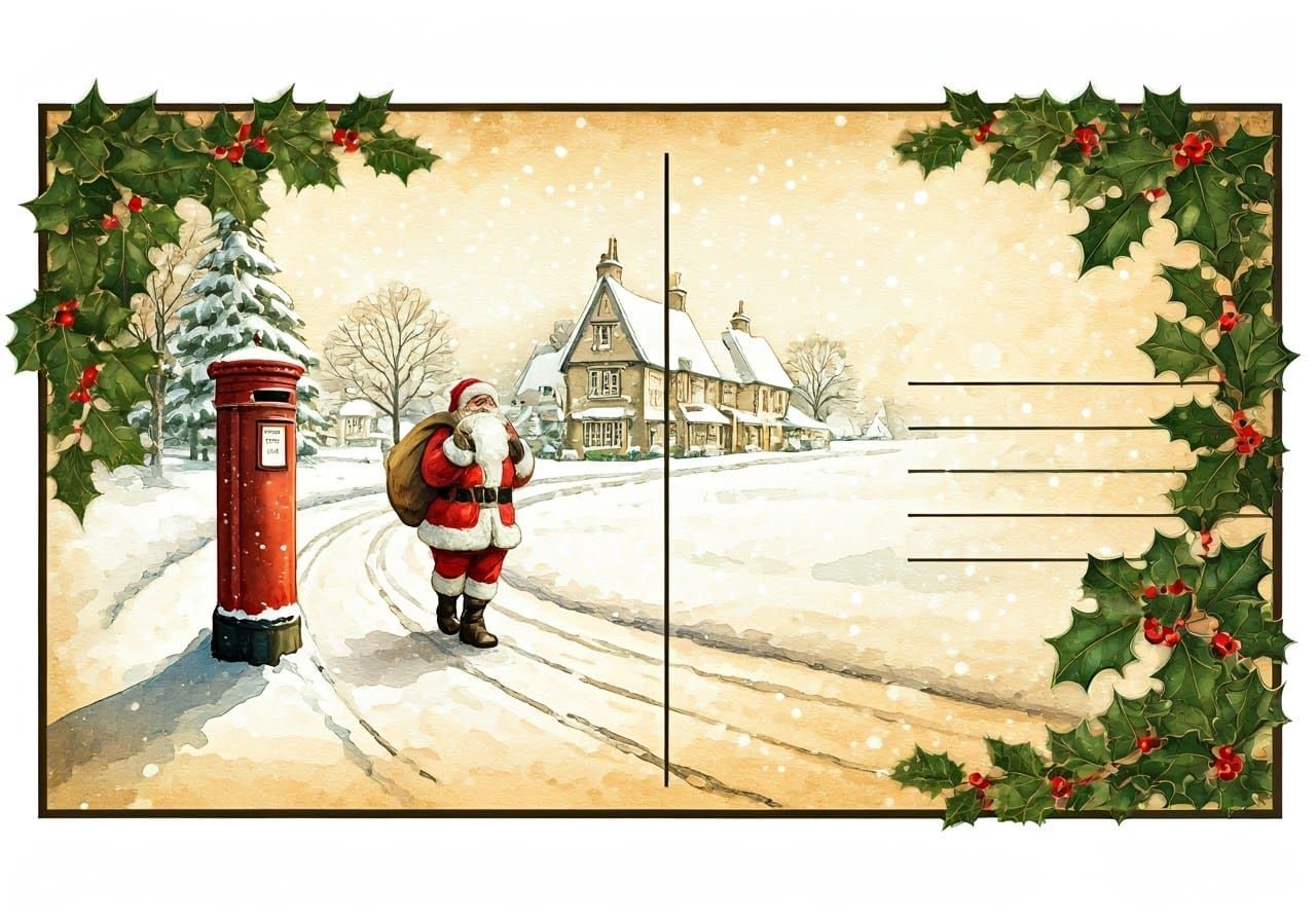 Vintage Postcard Scene of Sparkling Snowy Village with Santa...