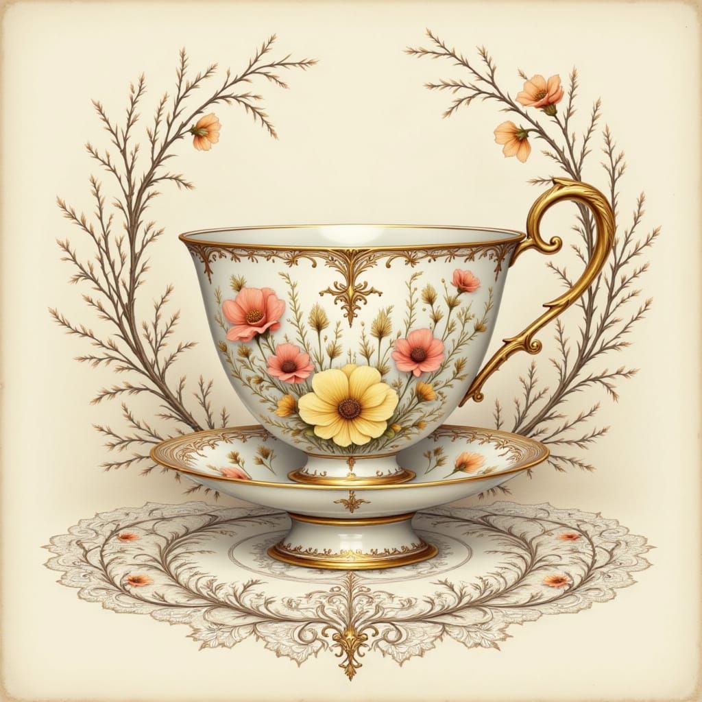 Whimsical Teacup Illustration in Beatrix Potter Style