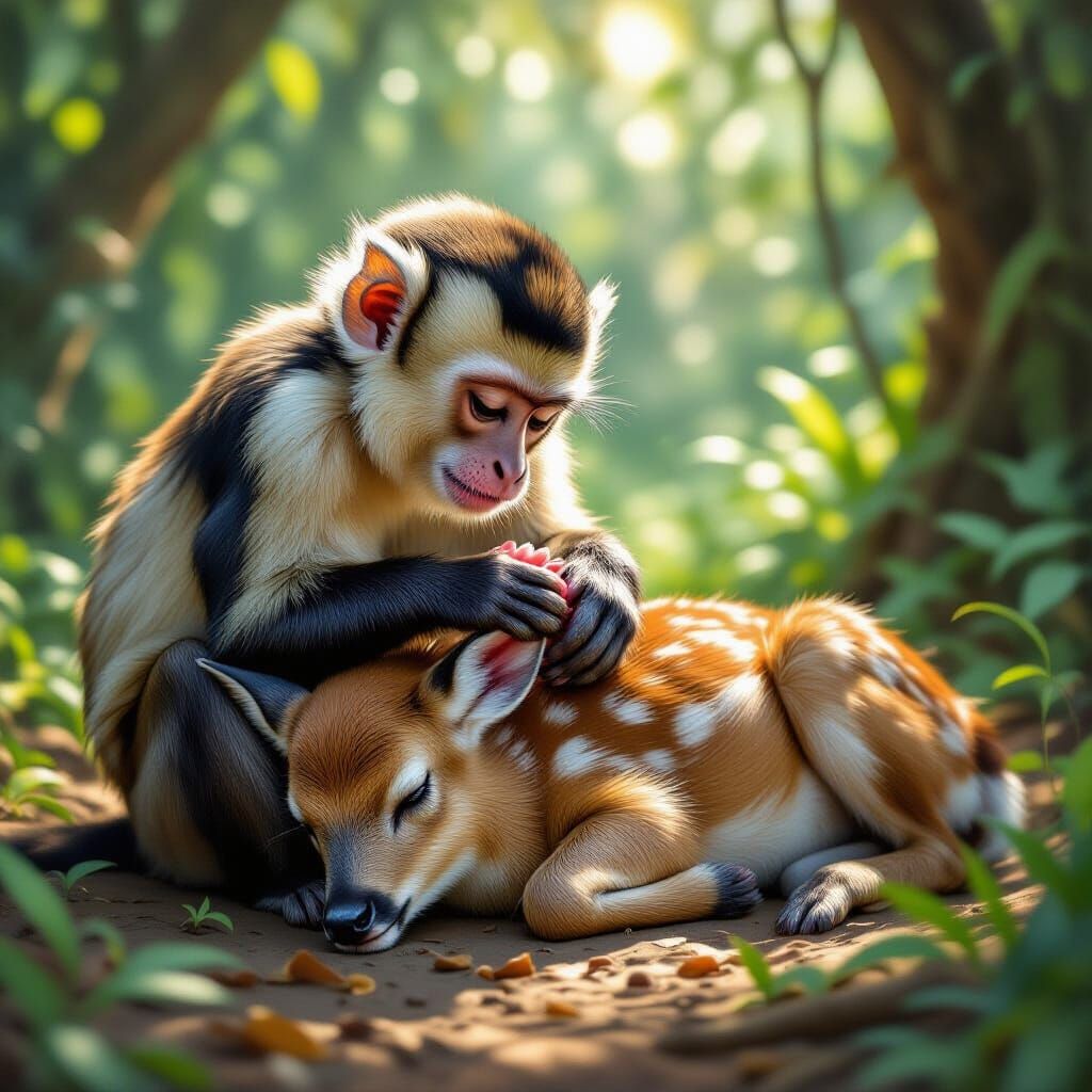 Monkey Heals Deer Wound in Jungle Clearing
