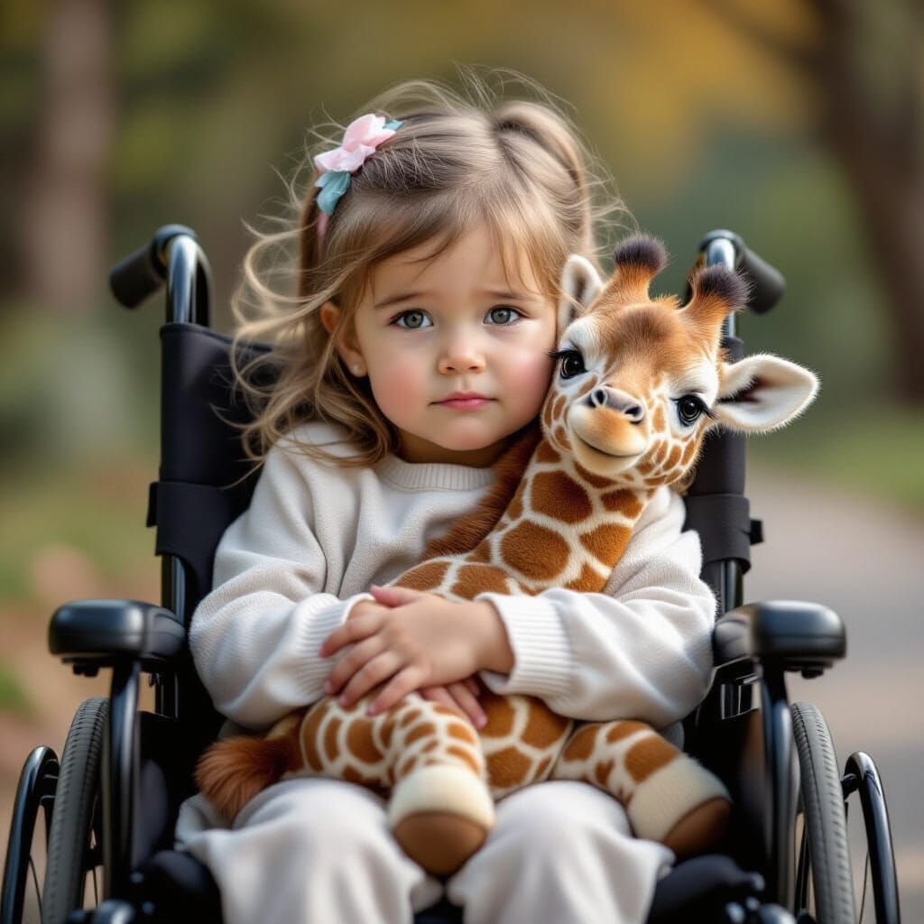 Sad Girl in Wheelchair Hugs Furry Giraffe
