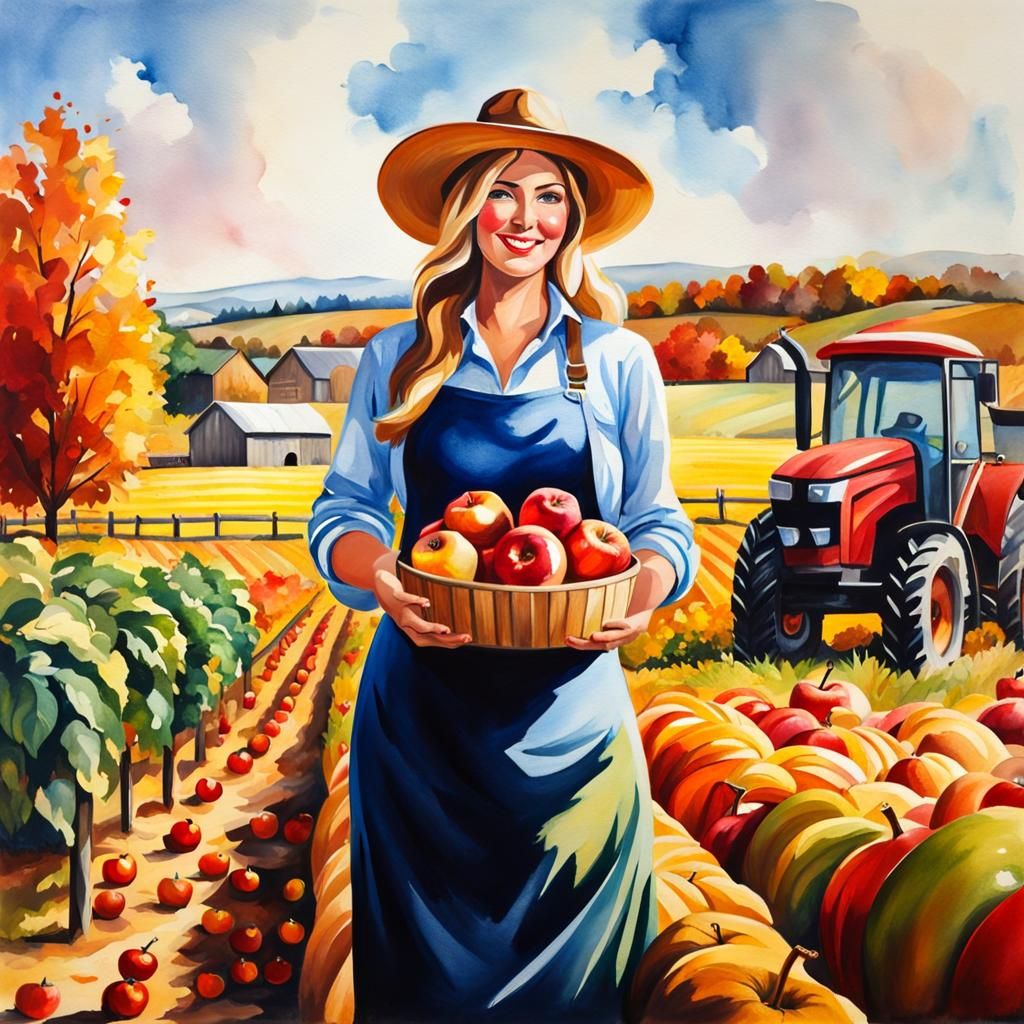 Gorgeous Female Farmer Gifting Apple in Autumn Market