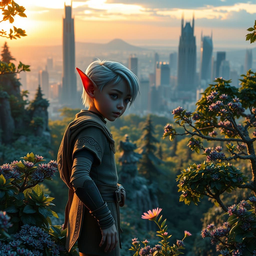 Elf in Lush Blue Forest with Distant City Skyline