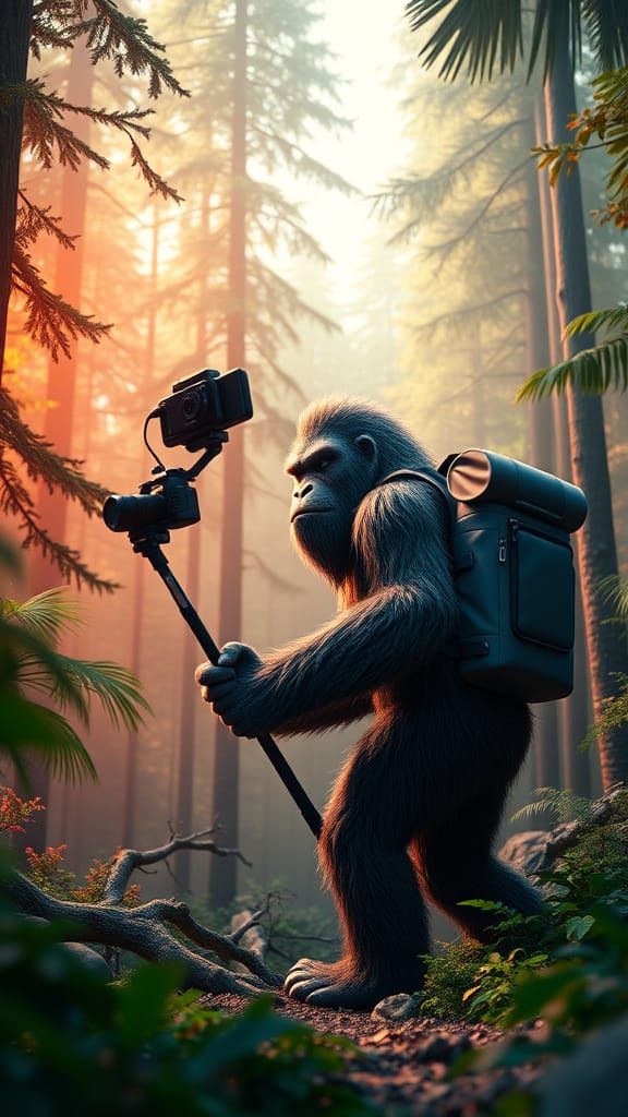 A life like Bigfoot he has a camera on a selfie stick while ...