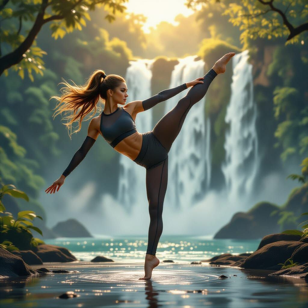 Athletic Woman High Kick in Lush Rainforest