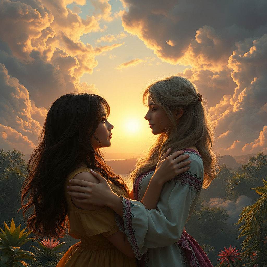 Sisters Embracing in Vibrant, Dreamlike Landscape