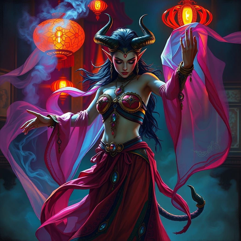 Mystical Tiefling Enchantress in a Smoky Oriental Den
