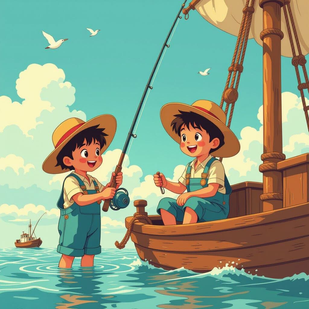 Children Fishing on Antique Machine, Warm Rustic Style