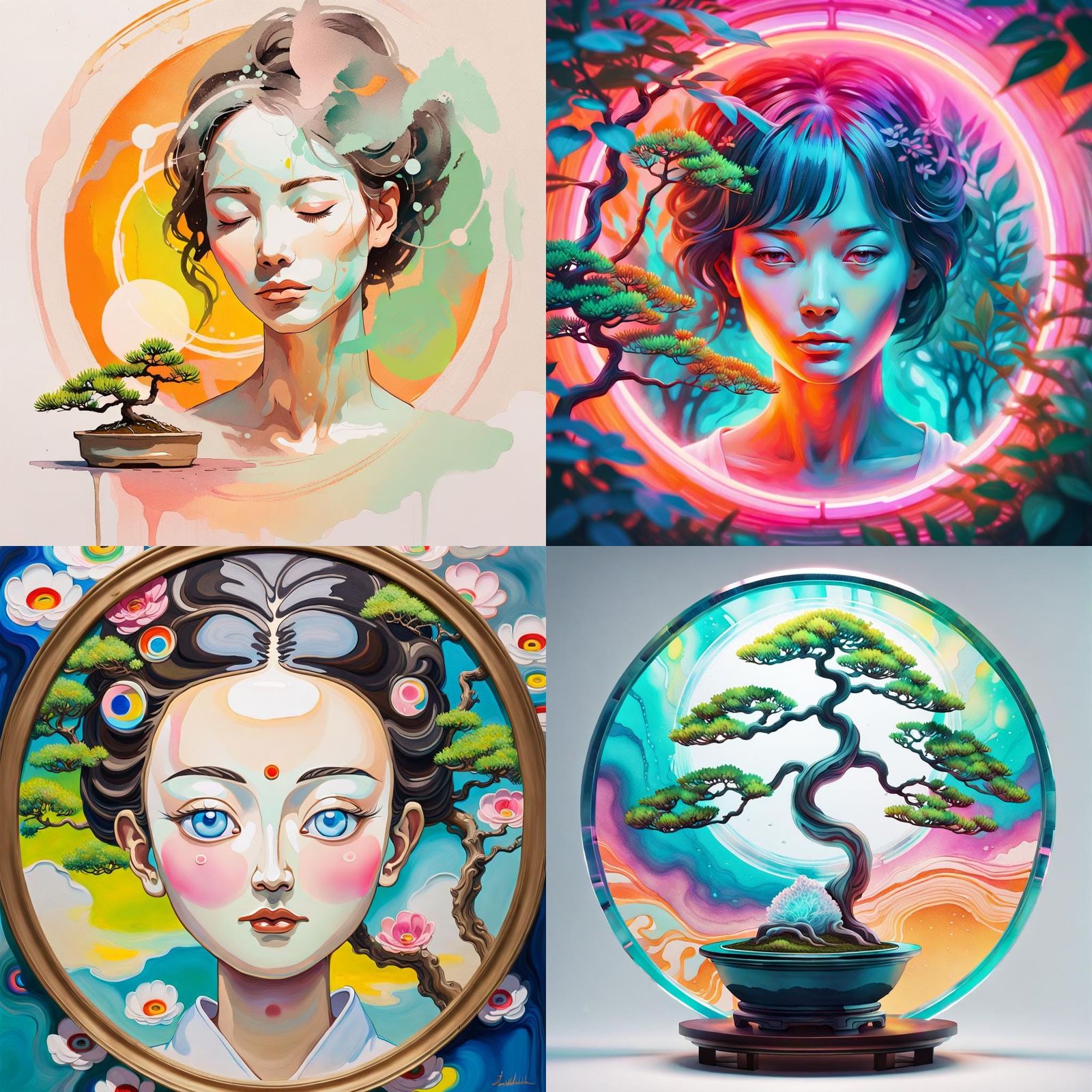 Surreal Red Zen Portrait in a Circle with Bonsai in Vibrant....