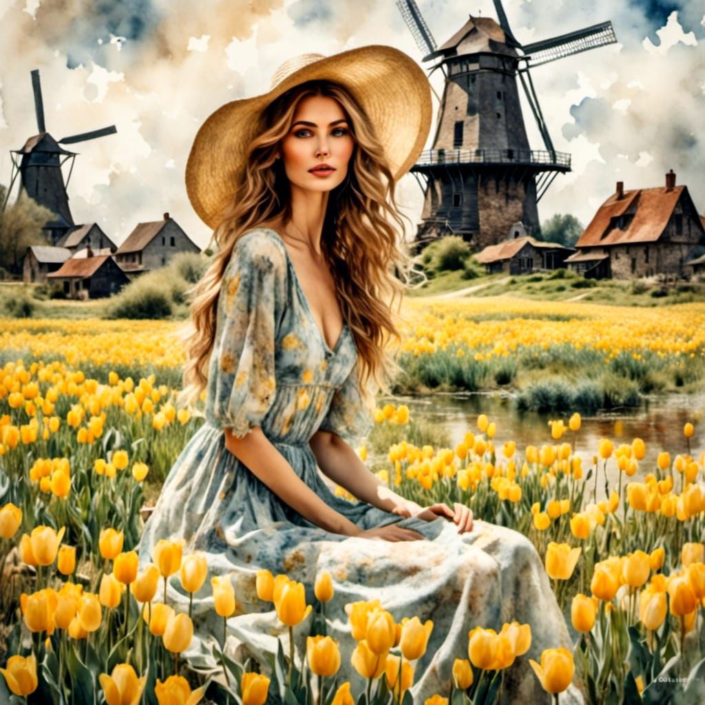 Woman in Antique Watercolor Style with Dutch Windmill