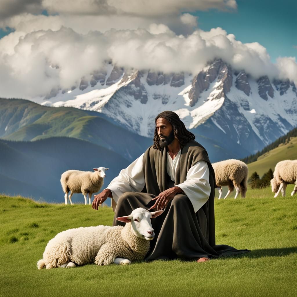 Black Jesus as New Zealand Shepherd in a Serene Alps Landsca...
